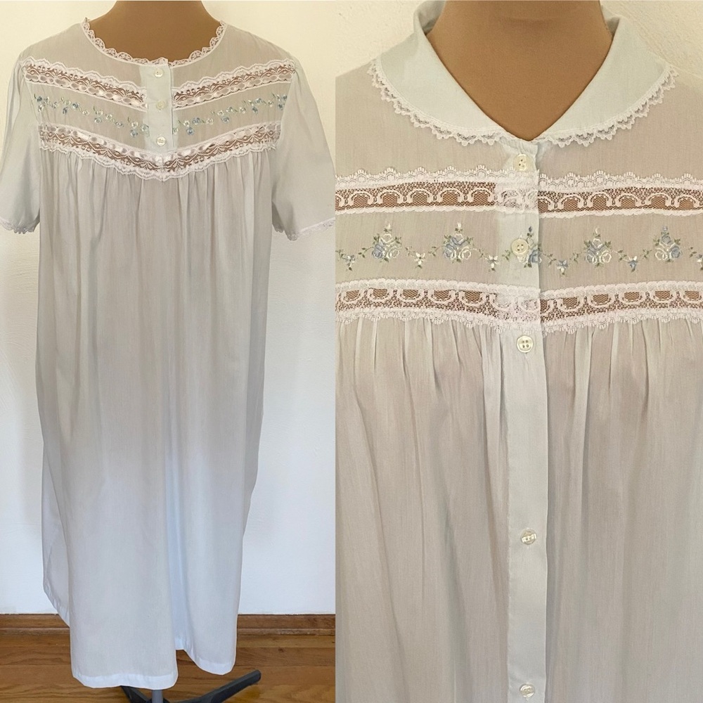 Vintage 60s CHARACTER Nightgown & Robe Set *Large* Blue Embellished Pajamas
